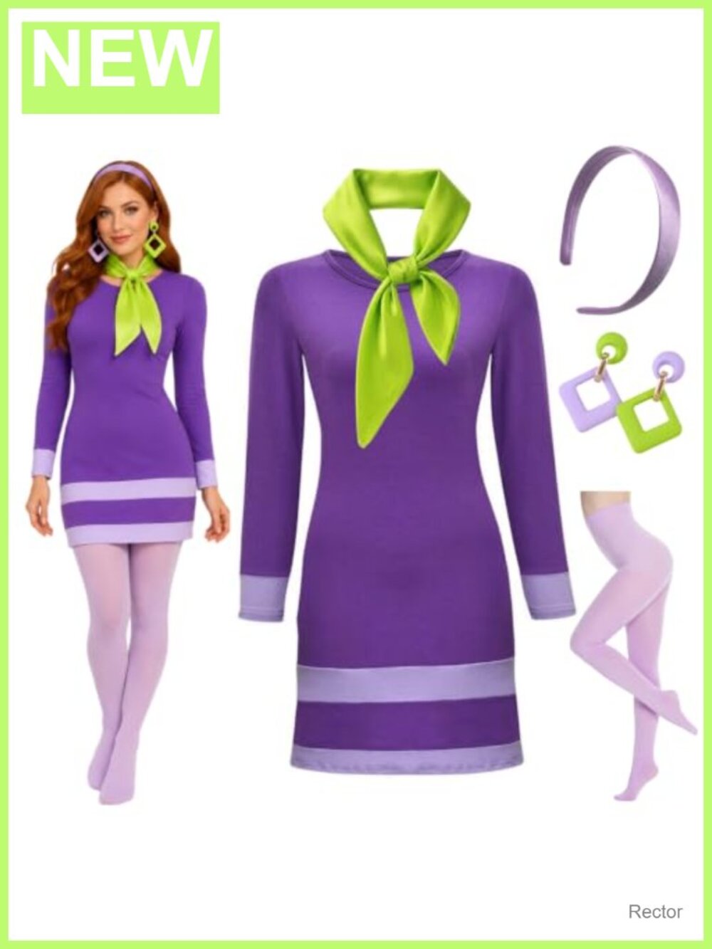 Purple long-sleeve mini dress costume with scarf headband tights earrings